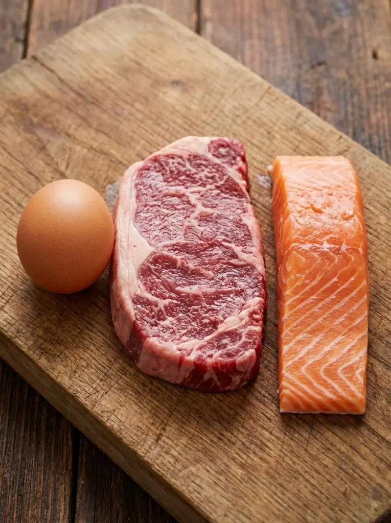 Huevo, carne y salmón como fuentes de proteína
